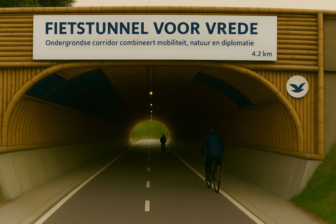 Bamboe fietstunnel in de Baltische regio met kunstinstallaties en vogelgeluiden, als symbool voor Europese vrede en verbondenheid.